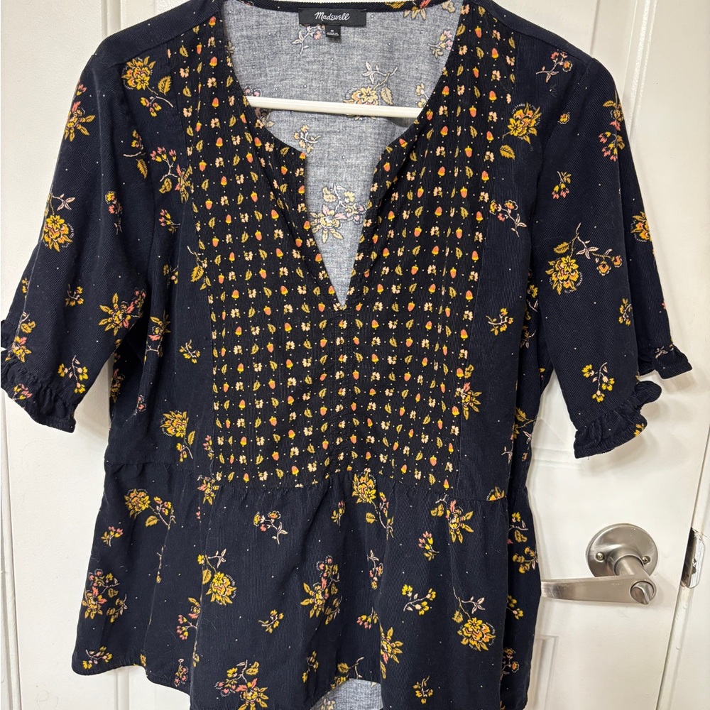 Madewell Blue and Yellow Graphic Blouse with Mandarin Collar